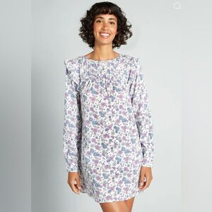 Modcloth Floral Prairie Doll Mini Dress Ruffle Shoulder Purple Blue L NWT